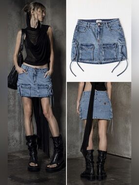 GUESS Cargo Denim Mini Skirt Light Wash Utility Lace-Up Pockets Y2K Size Small